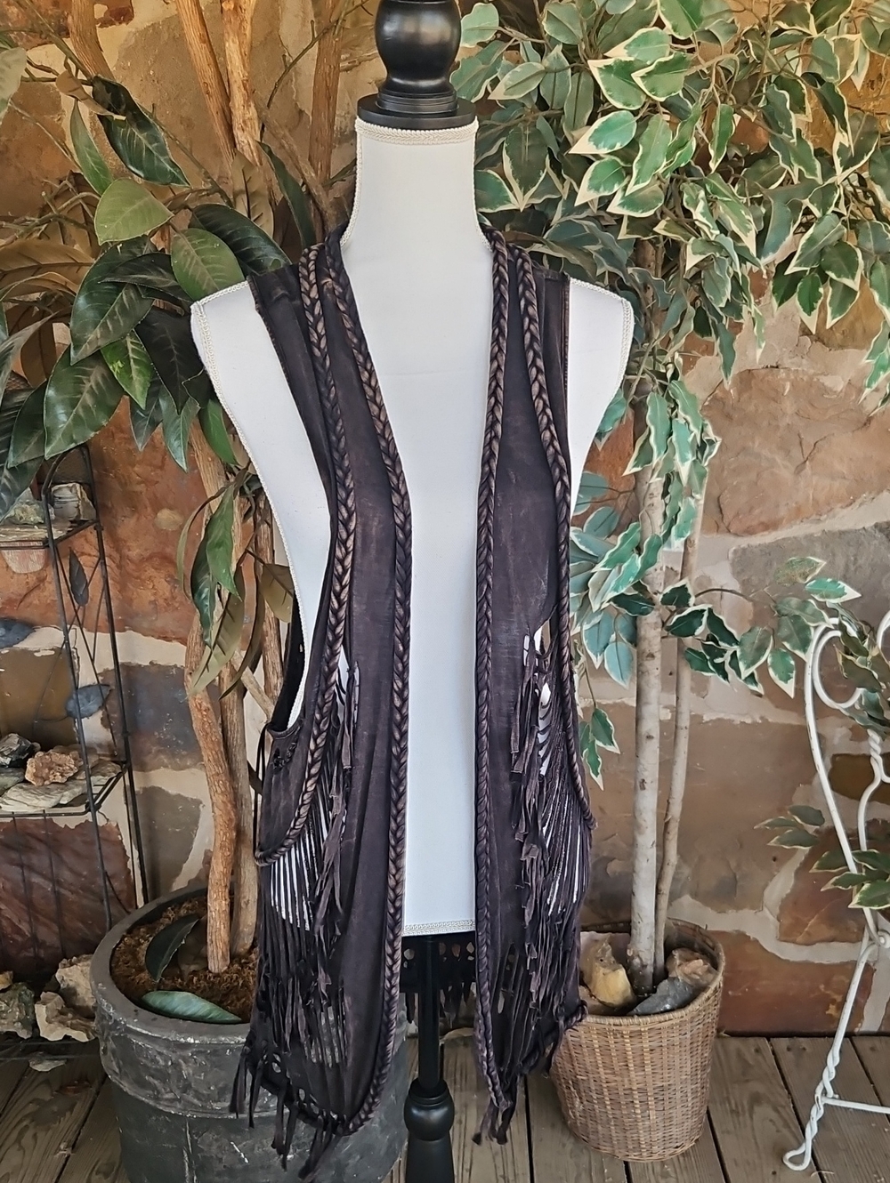 Rock & Roll Cowgirl Black Braided Fringe Open Front Vest